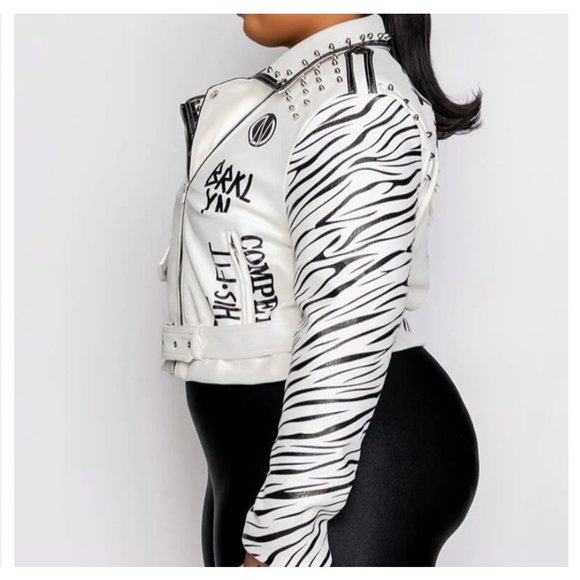 Miz Major Discorde: Zebra Winter White Moto Jacket XL - Picture 6 of 9
